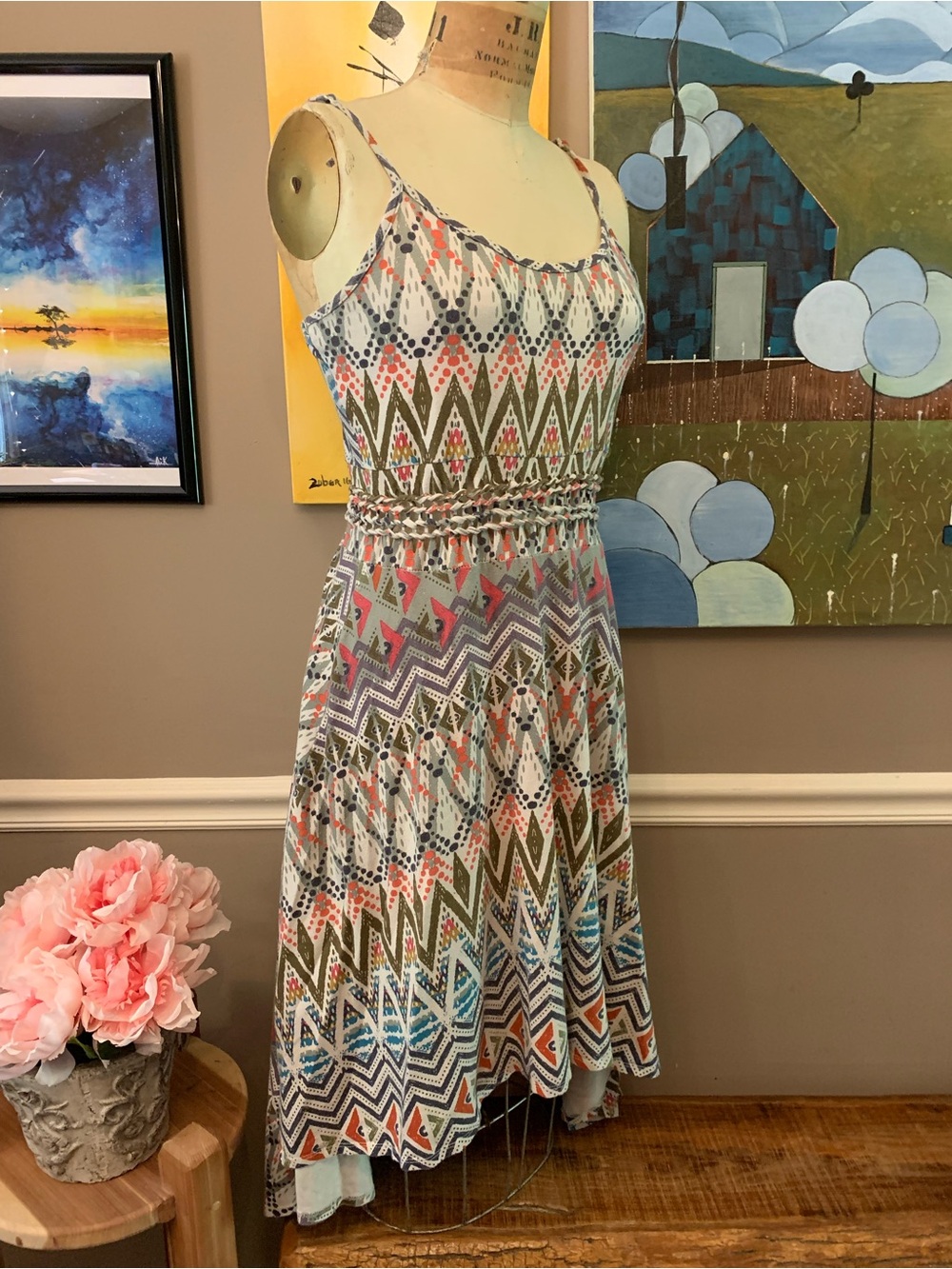 Vintage American Rag Cie Boho Chevron High Low Dress XL Cotton Blend